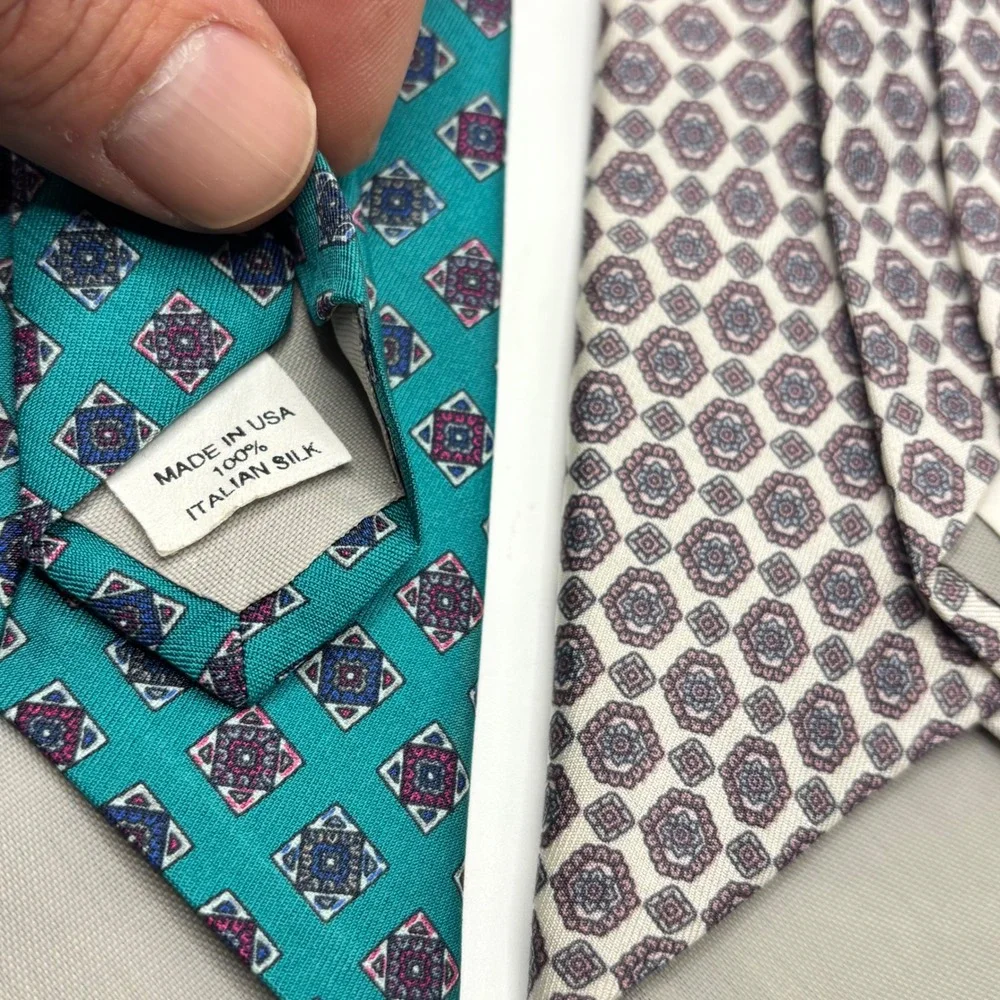 Halston Mens Silk Tie‎ Lot 2 Teal Green Cream Geometric Medallion Italian Silk